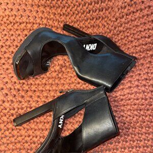 DKNY Black leather asymmetrical cutout open toe booties